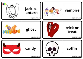 Halloween Holiday Vocabulary Dominoes Matching Game for Kids and English Language Learners Free PDF Download